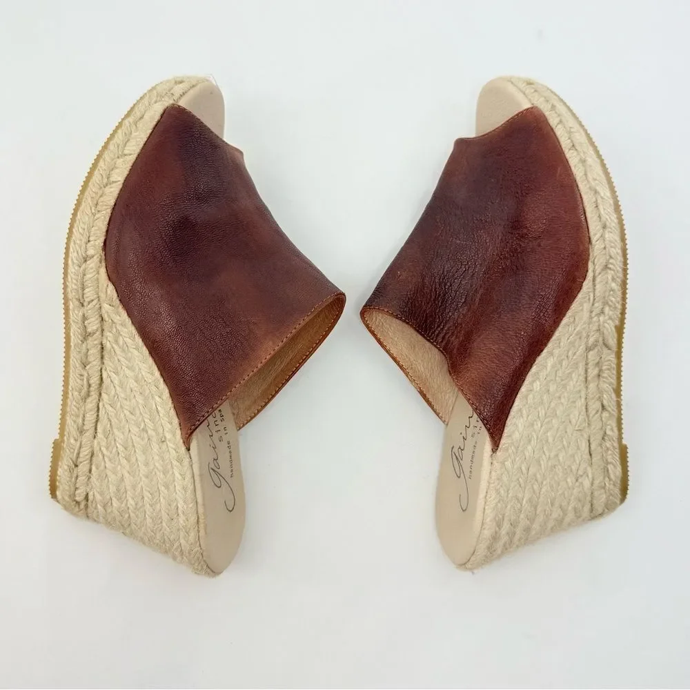 Gaimo Anthropologie GOSSA Brown Leather Open Toe Wedge Heel Espadrille Sandals